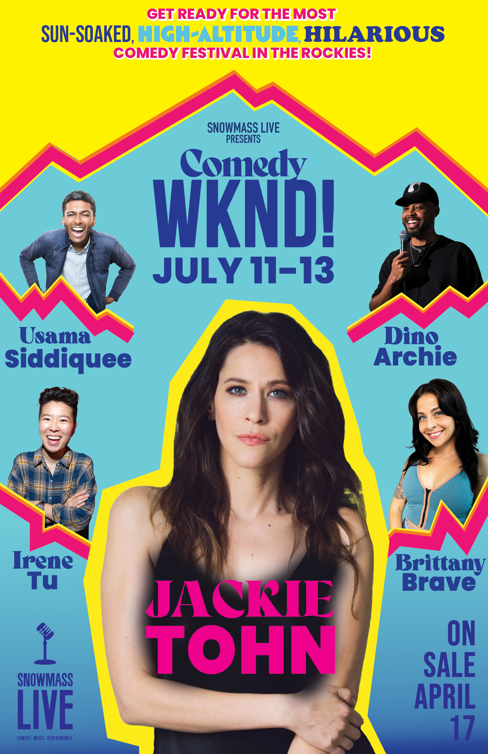 Snowmass Live Presents: Comedy WKND! July 11-13, tickets on sale April 17, 2025 10:00am MST.